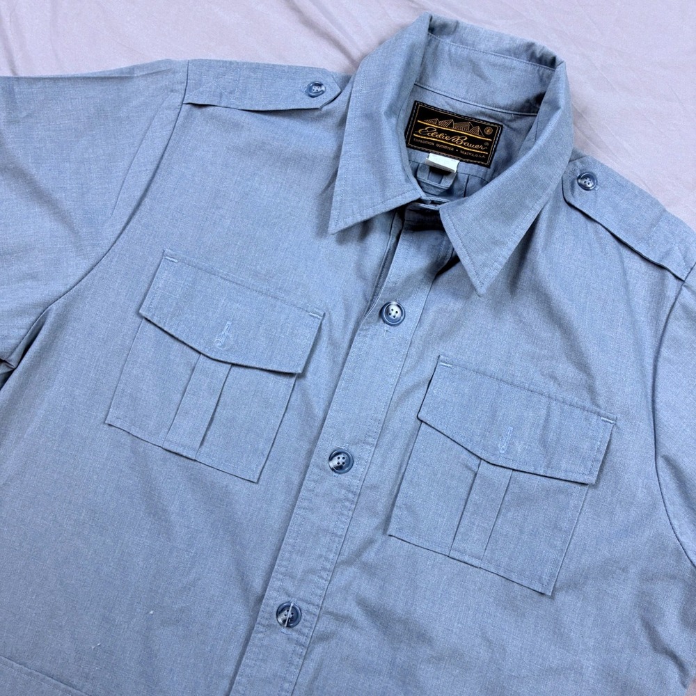 Eddie Bauer CC Filson Safari Hunting Shirt Large Blue Short Sleeve Epaulet VTG